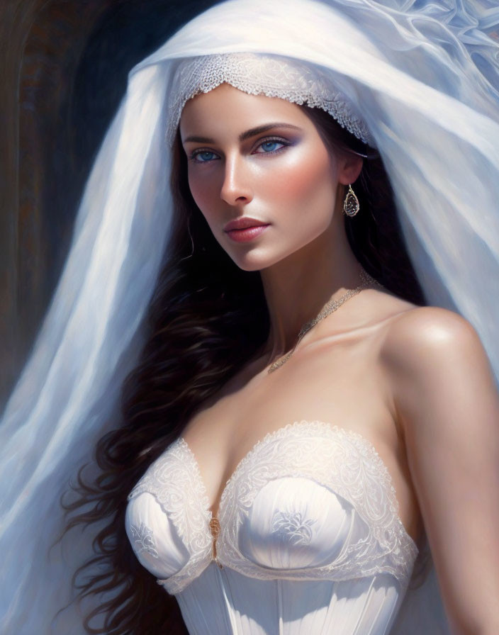 Portrait of woman with long dark hair and blue eyes in wedding attire