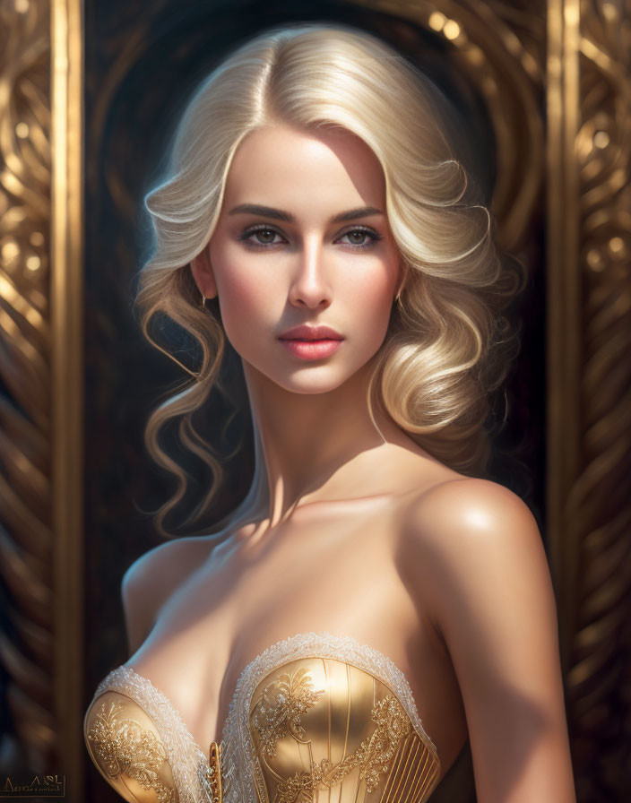 Blonde Woman in Golden Corset with Blue Eyes