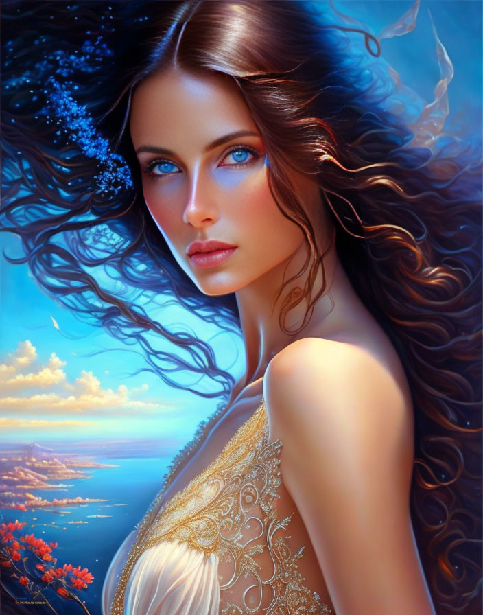 Digital Artwork: Woman with Dark Hair and Gold Clothing against Vibrant Sky