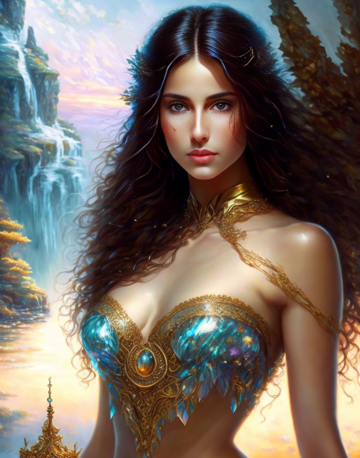 Digital artwork featuring woman with dark hair, golden jewelry, fantasy armor, set in mystical waterfall backdrop