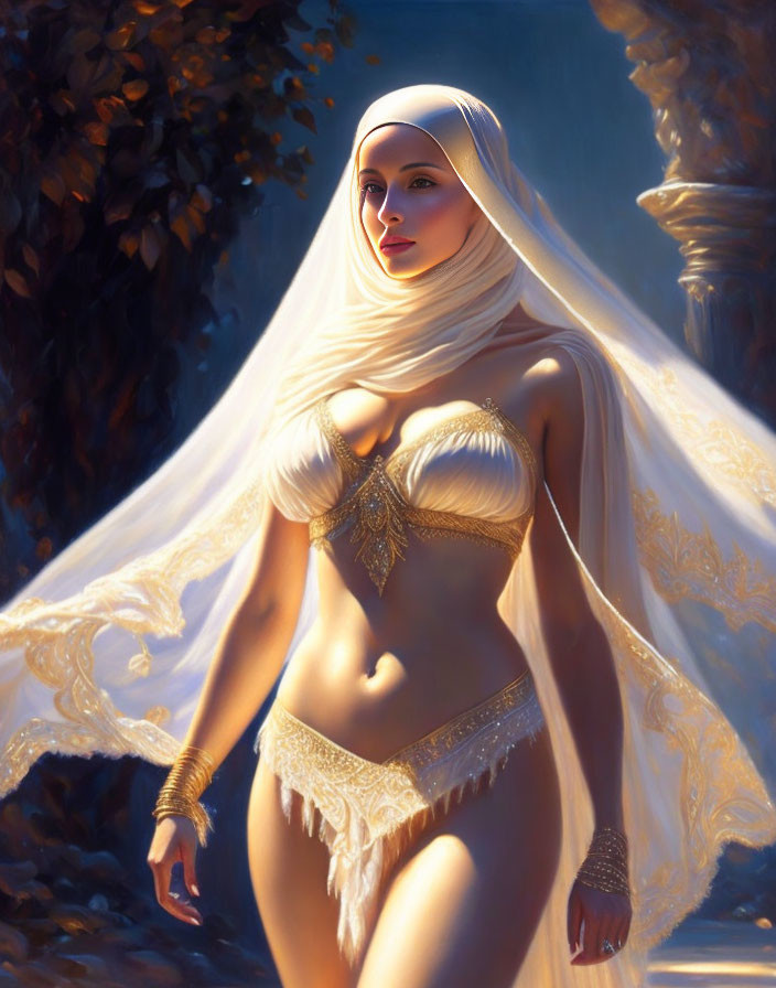 Woman in headscarf and golden lingerie digital painting against warm light and blurred background