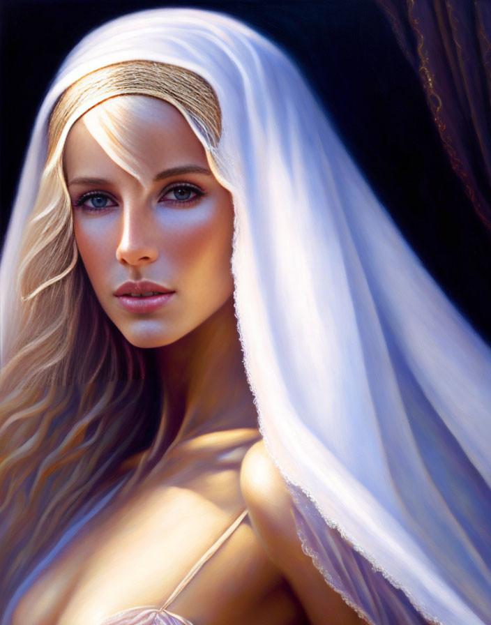 Blonde Woman Portrait with Blue Eyes and White Veil