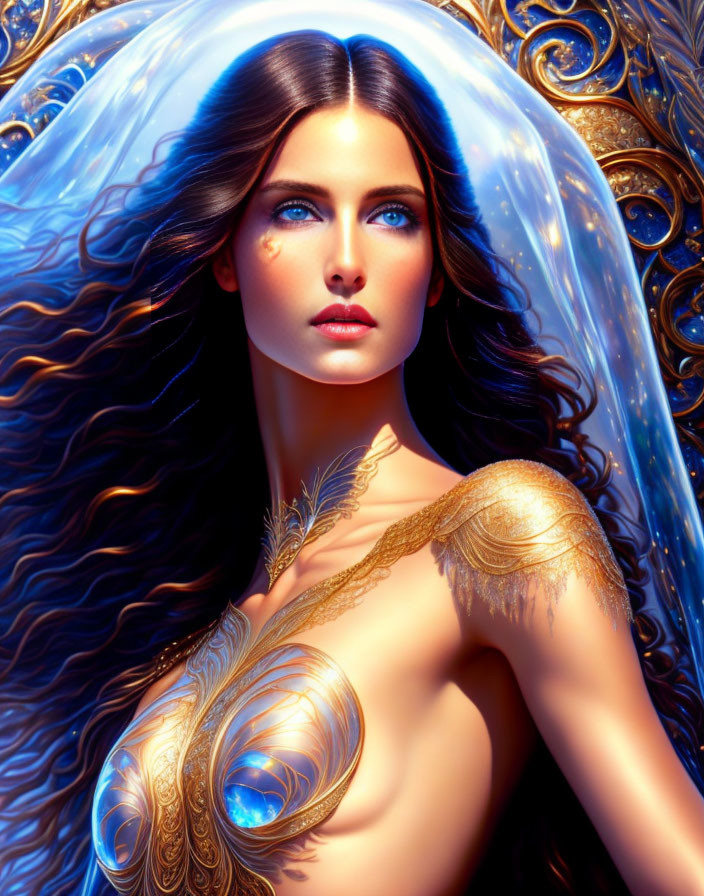 Fantasy female character portrait with long flowing hair, blue eyes, and ornate golden armor.