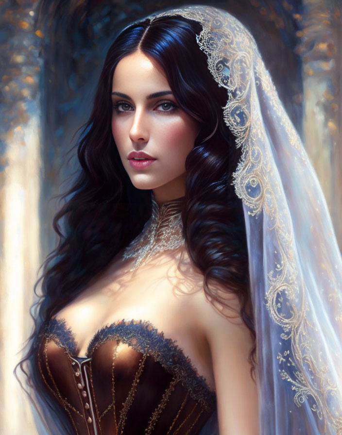 Portrait of Woman with Dark Hair & Blue Eyes in Veil & Corset, Forest Background