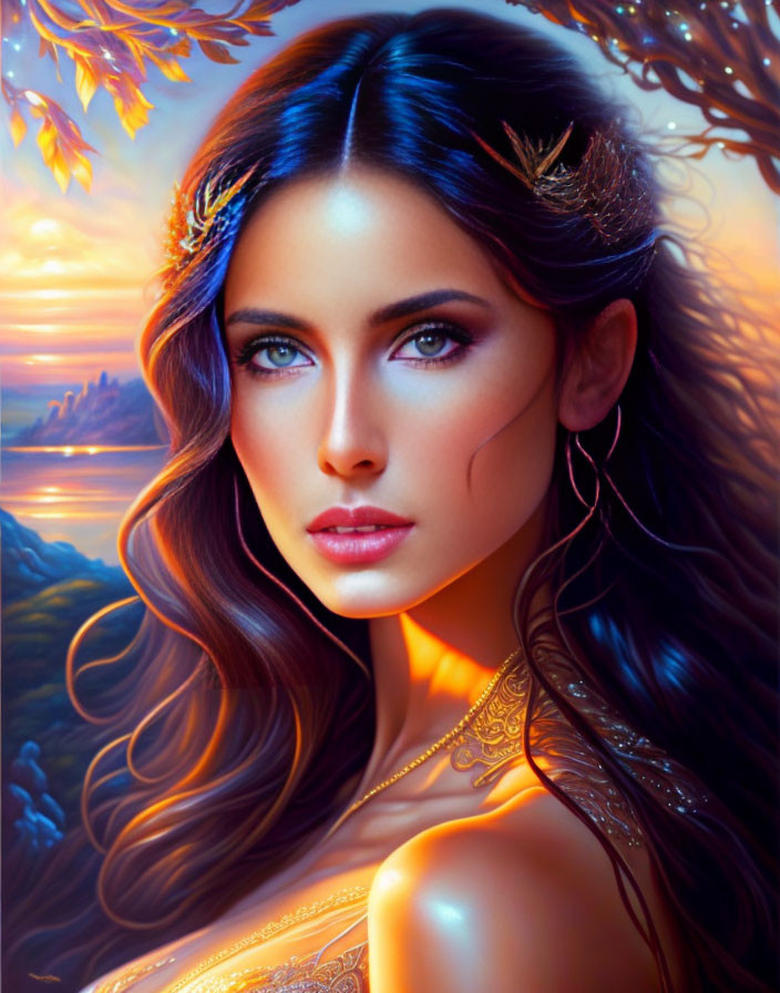 Digital painting of woman with deep blue eyes and fancy hair accessories against vibrant sunset.