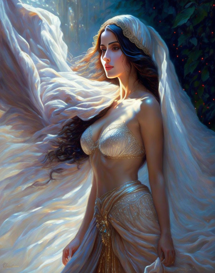 Portrait of Woman in White Veil and Golden Dress with Mystical Light