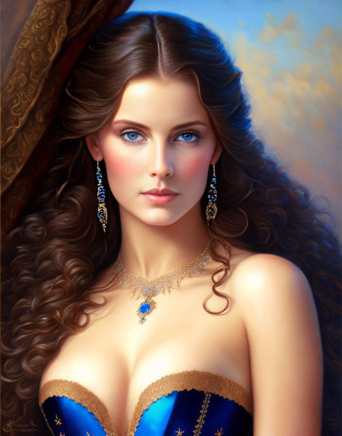 Portrait of Woman with Long Curly Hair and Striking Blue Eyes in Blue Dress