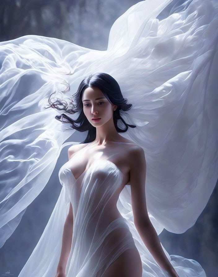 Ethereal woman in white fabric with wings against misty backdrop