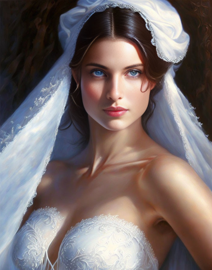 Blue-eyed bride in white veil and lace wedding dress.