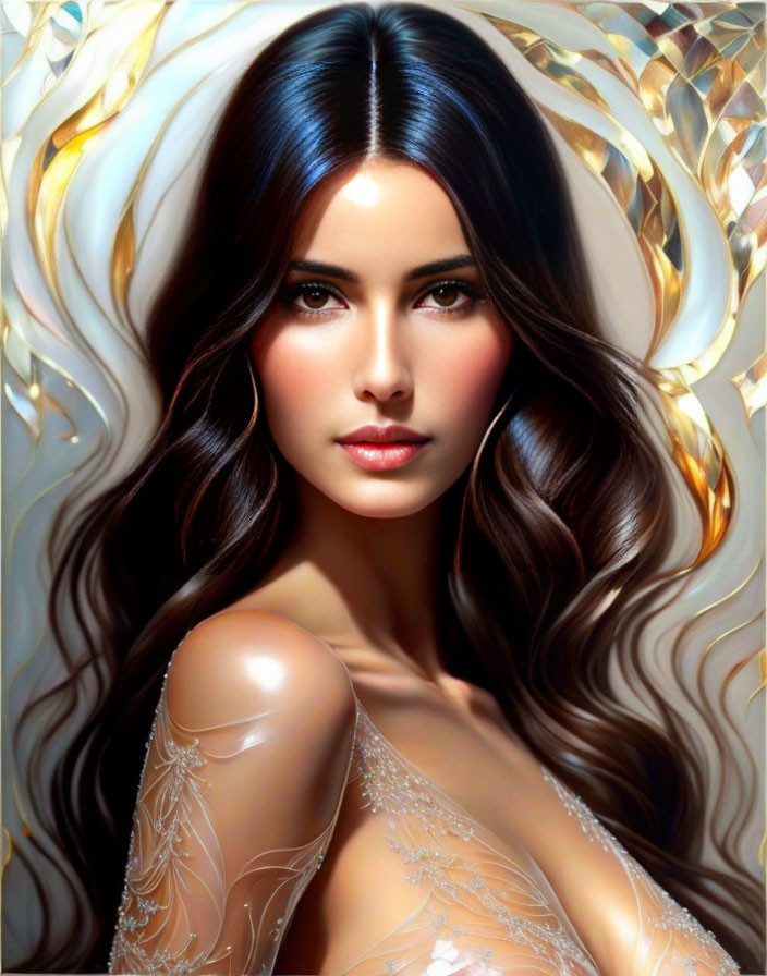 Dark-haired woman in digital art with gold and white mosaic background