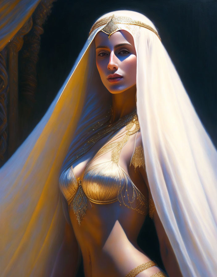 Regal woman in sheer veil and golden gown with intricate jewelry