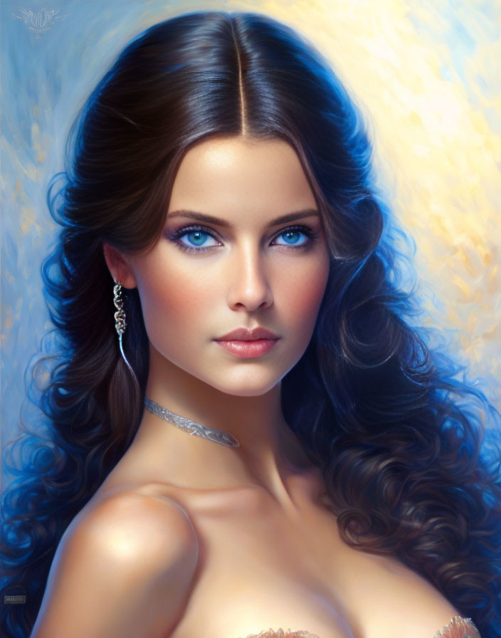 Portrait of woman with blue eyes, long brown hair, delicate jewelry on glowing background