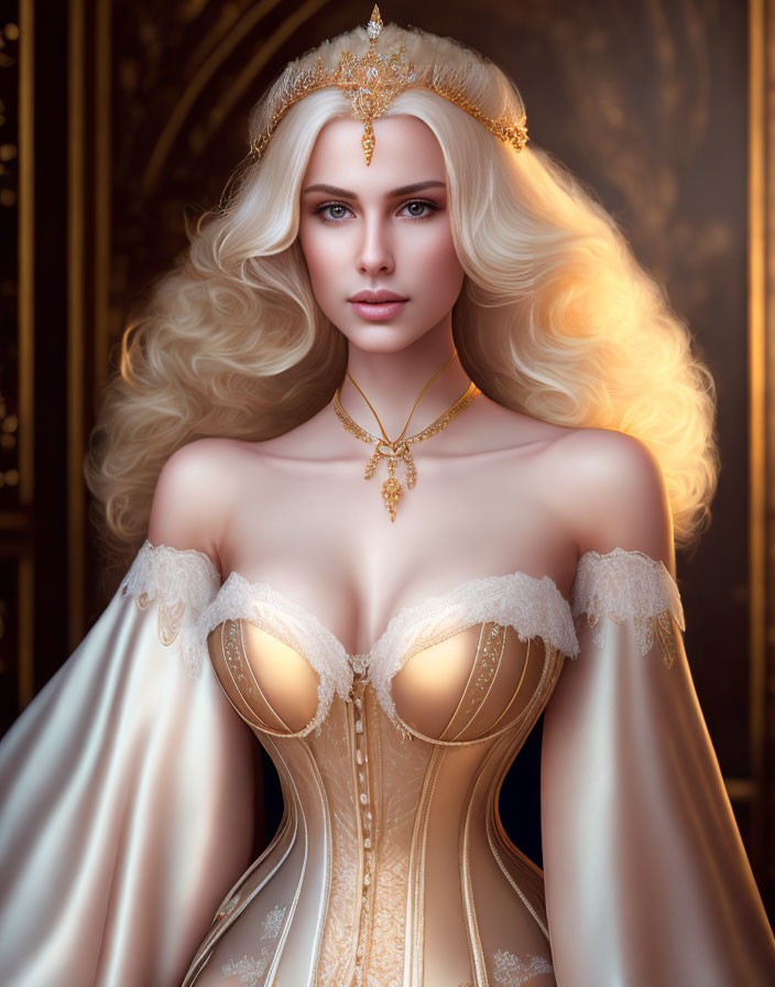 Blonde woman in gold corset and tiara against opulent background