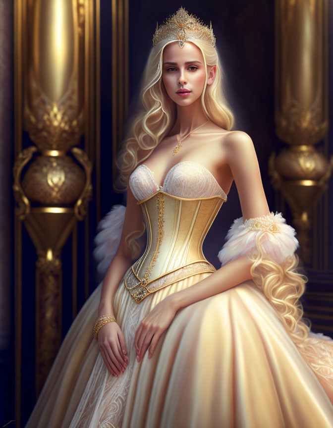 Regal woman with blonde hair in gold and white gown and crown