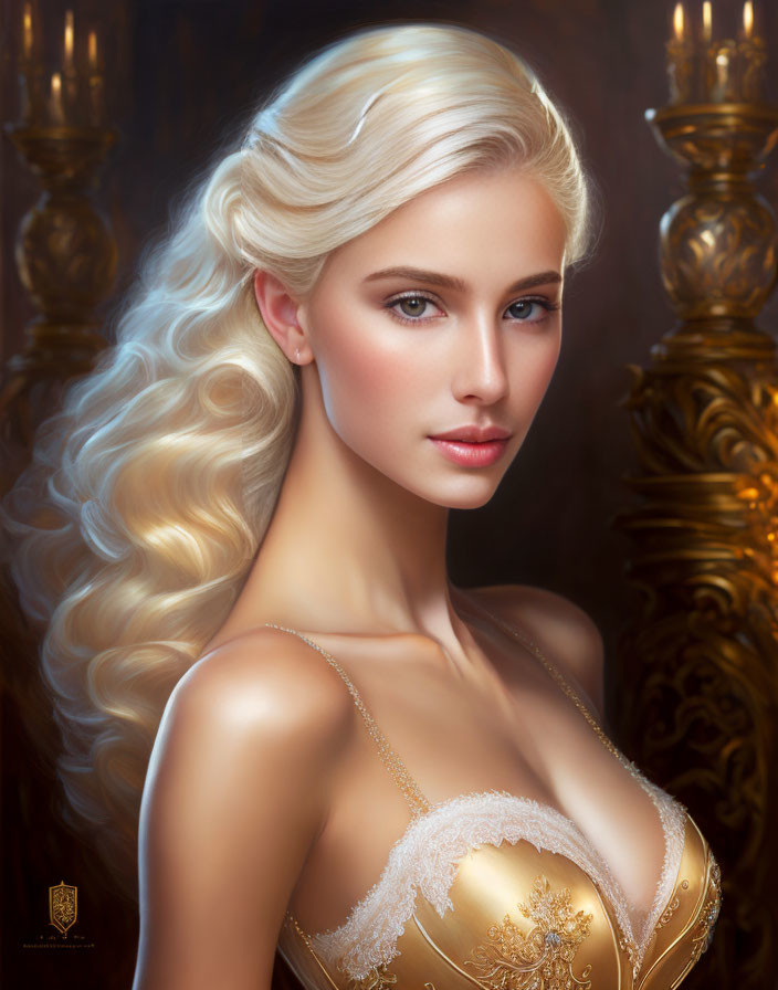 Blonde Woman Portrait in Golden Gown with Candlelight