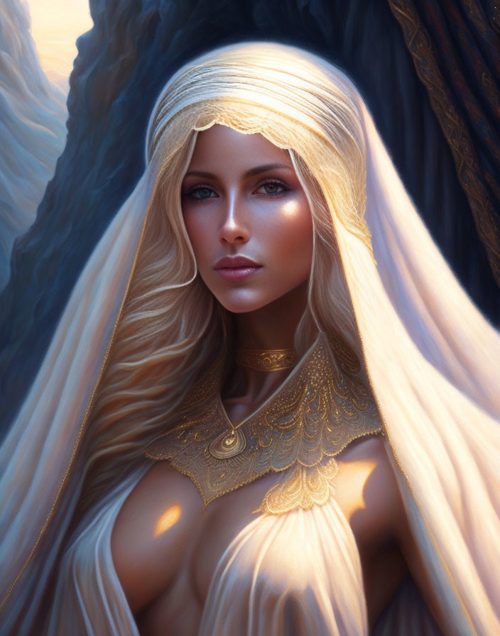 Fantasy portrait of a woman with blonde hair and blue eyes in mystical setting