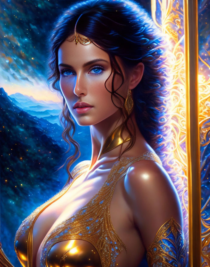 Fantasy woman with blue eyes in gold jewelry and diadem against magical background