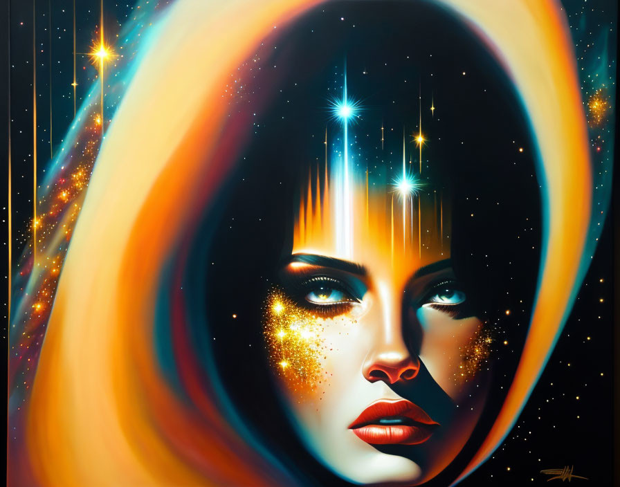 Colorful Cosmic Halo Surrounding Woman's Face in Surreal Portrait