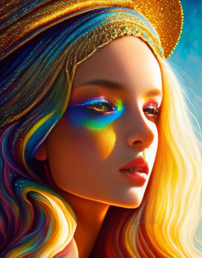 Vibrant Rainbow Face Paint on Woman with Golden Headdress