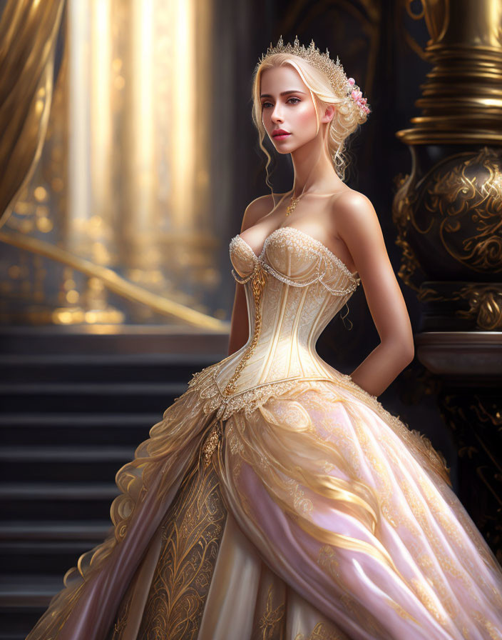 Elaborate gold ball gown woman on grand staircase