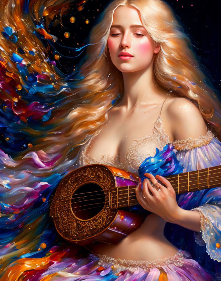 Vibrant portrait of a woman with golden hair playing a lute