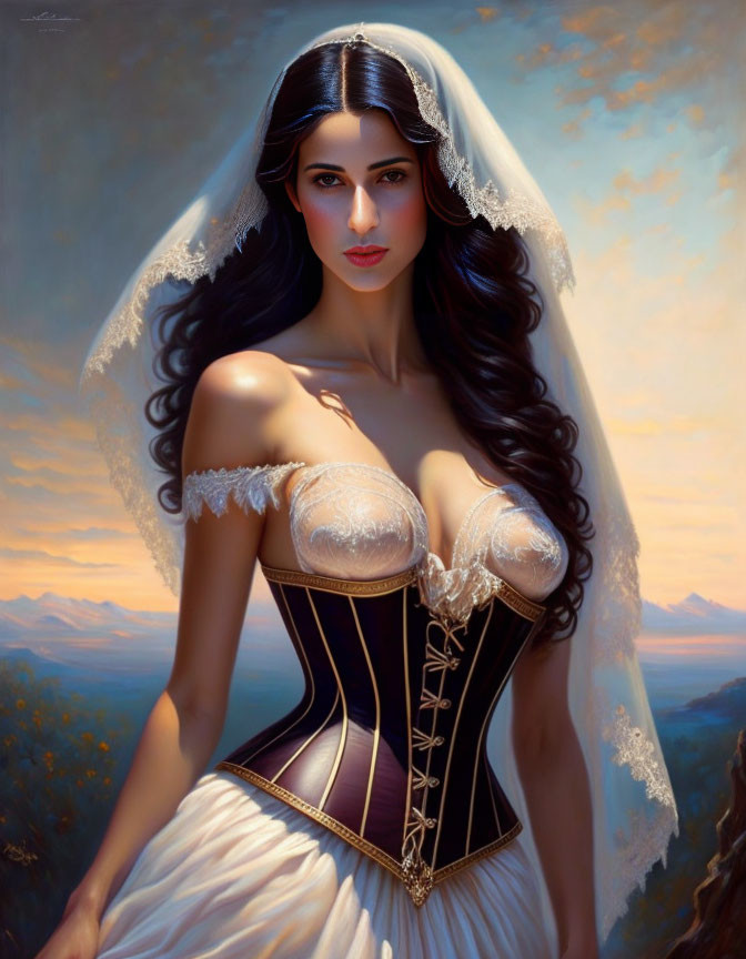 Woman in Bridal Corset and Veil Against Serene Landscape