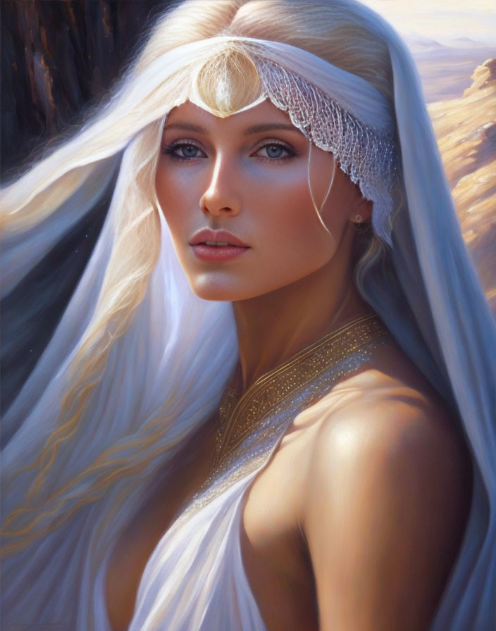 Portrait of woman with long white hair and blue eyes against canyon backdrop