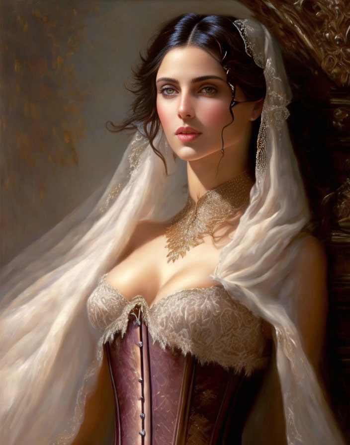 Portrait of a Woman in Bridal Costume with Dark Hair