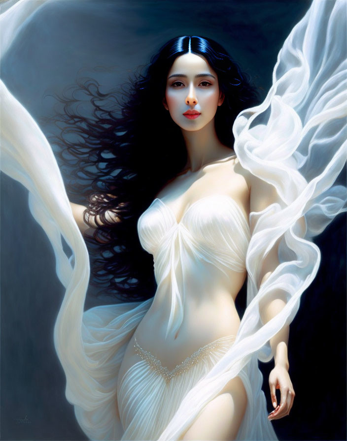 Dark-haired woman in white drapery exudes mystique and grace