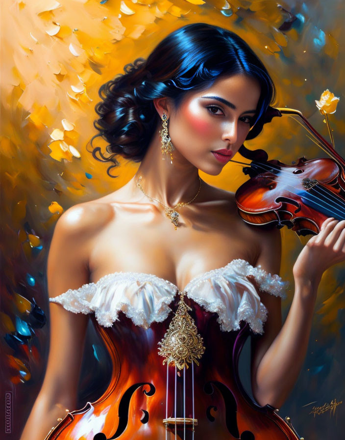 Dark-haired woman playing violin in elegant gown with autumn background