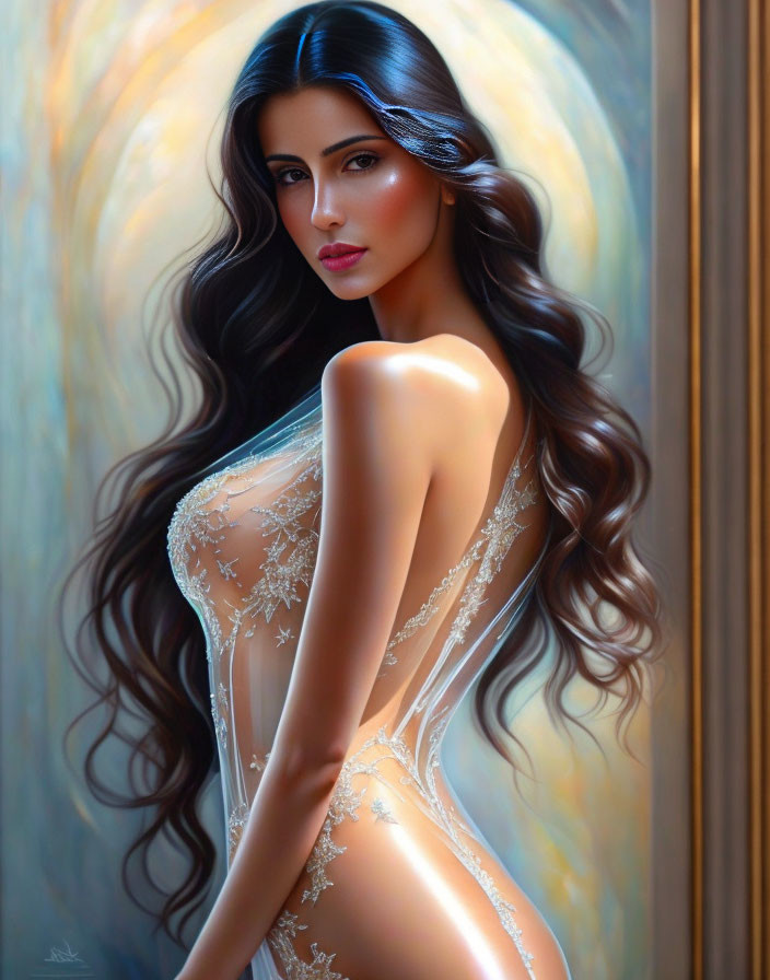 Digital Artwork: Woman with Flowing Hair and Lace Dress