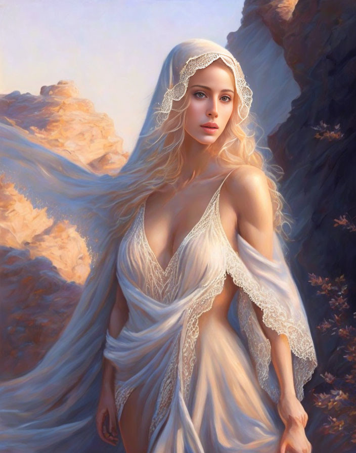 Blonde woman in white lace dress against rocky cliffs