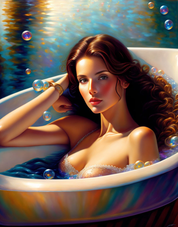 Woman with flowing hair relaxing in tub surrounded by soap bubbles and shimmering water.