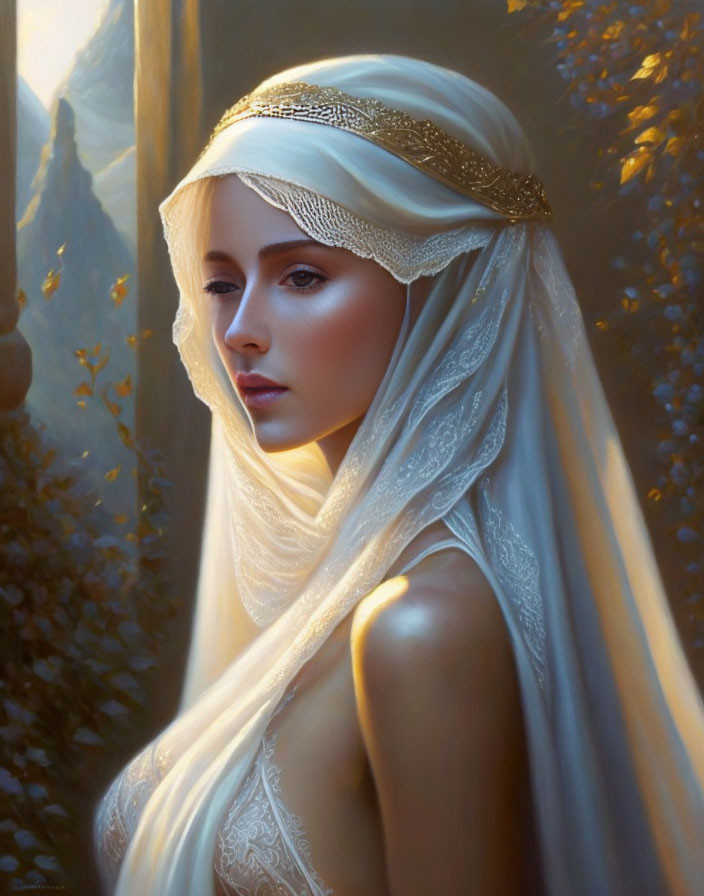 Blond woman in headpiece and veil in golden forest light