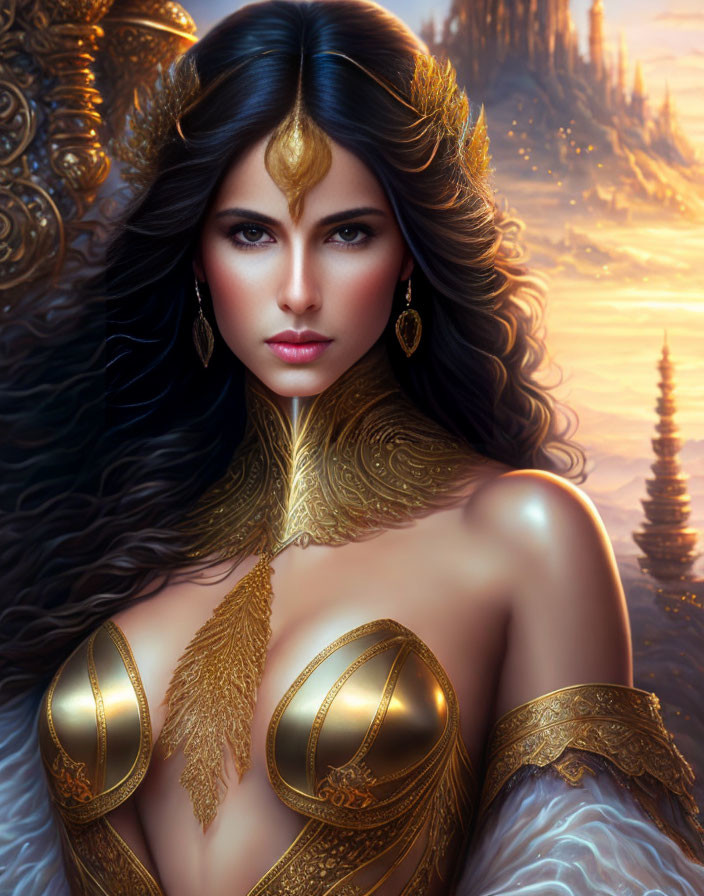 Digital artwork: Woman with dark hair in gold armor against fantasy castle