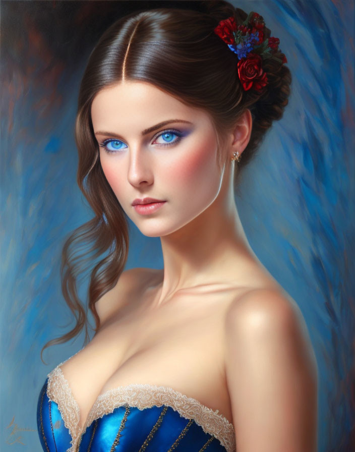 Portrait of woman with blue eyes in blue corset and red flower in hair