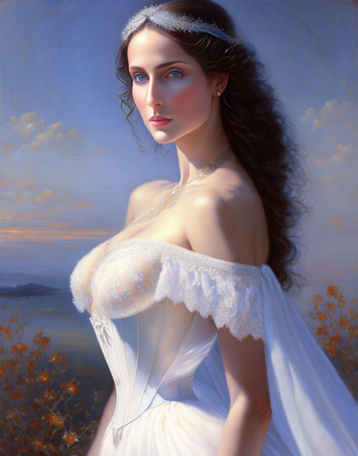 Dark-haired woman in white gown by the sea at dusk