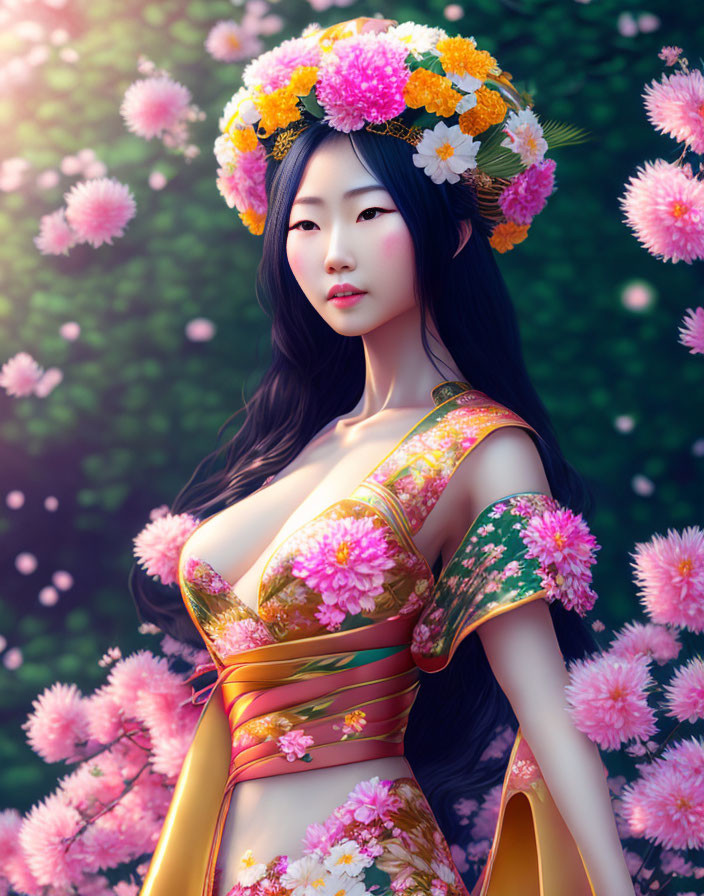 Digital Artwork: Woman with Floral Headdress and Dress in Pink Flower Setting