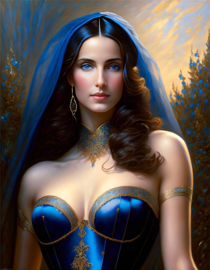 Portrait of woman with dark hair, blue eyes, blue veil, corset-style top, and gold