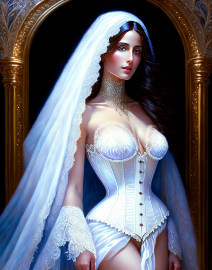 Ethereal woman in bridal corset and veil against dark arches