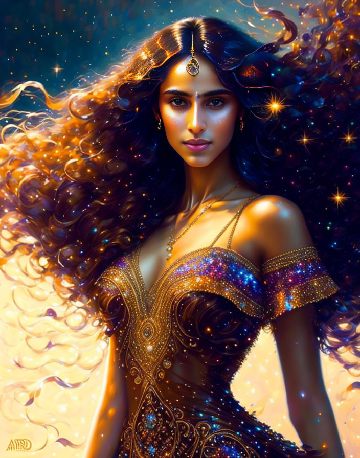 Golden-clad woman with curly hair in mystical setting.