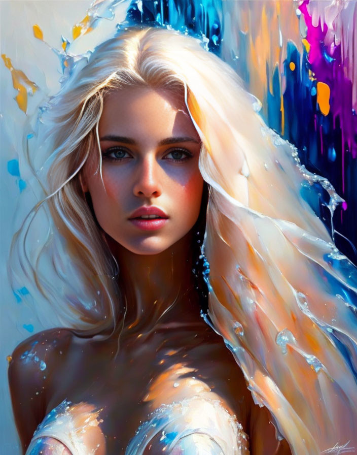 Digital artwork: Young woman with blonde hair and blue eyes in colorful, abstract background.