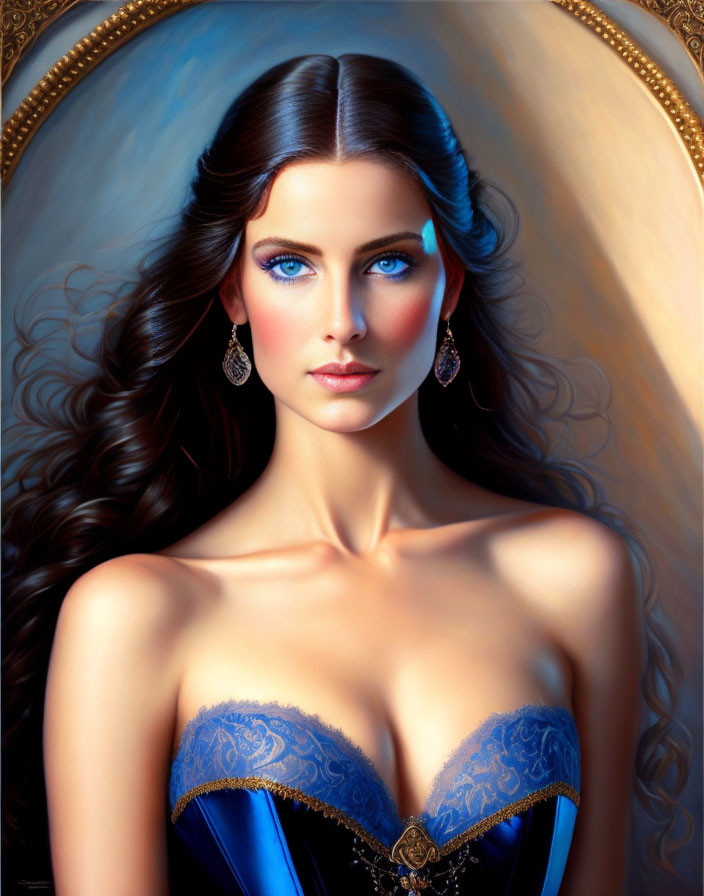 Digital artwork of a woman with striking blue eyes and long wavy hair in blue attire and earrings,