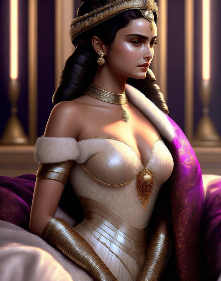 Regal woman in golden attire against purple backdrop