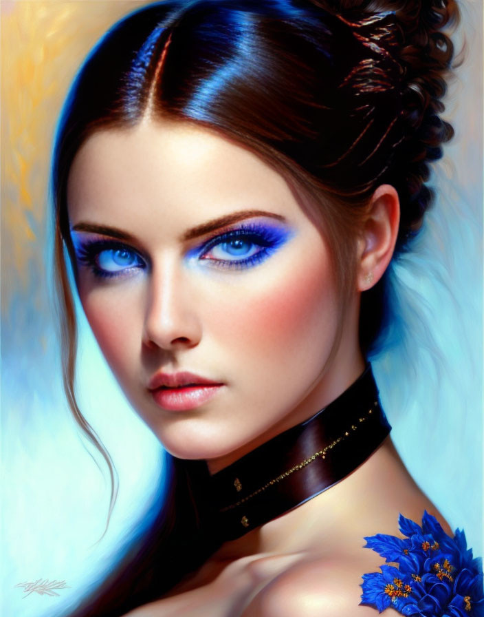 Portrait of woman with striking blue eyes and blue eyeshadow, wearing black choker and blue floral