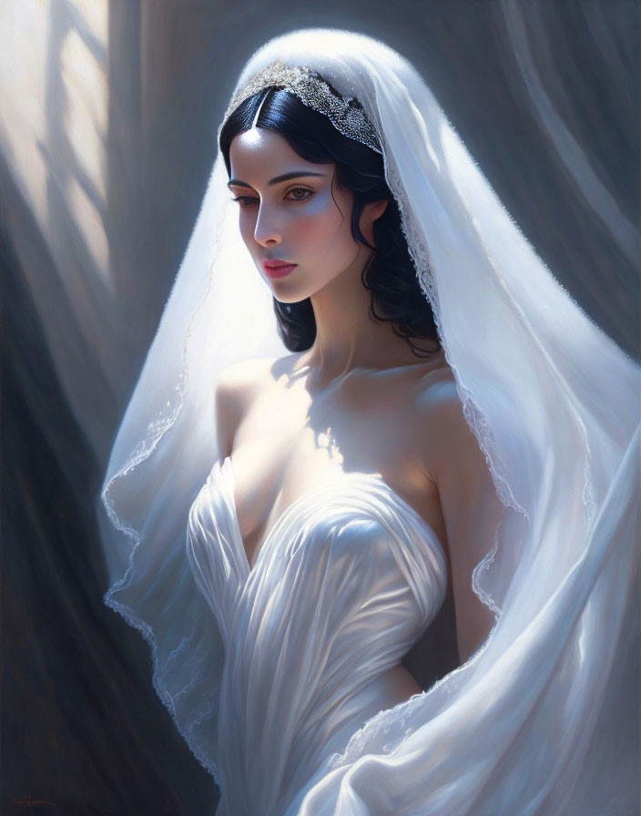 Ethereal woman in white bridal gown with tiara exudes elegance