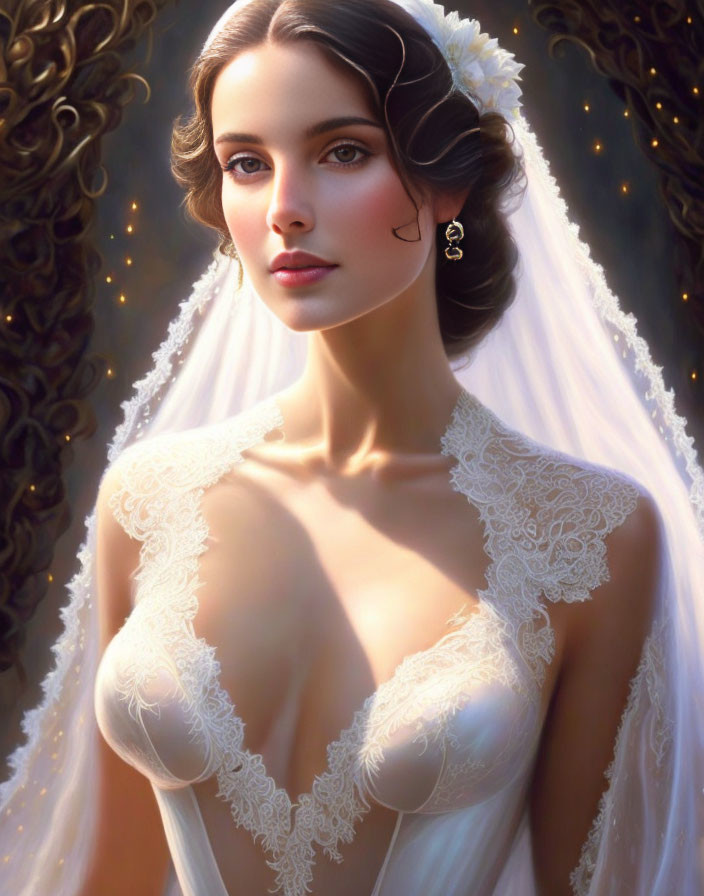 Elegant bride in lace gown and veil with glowing skin and delicate jewelry