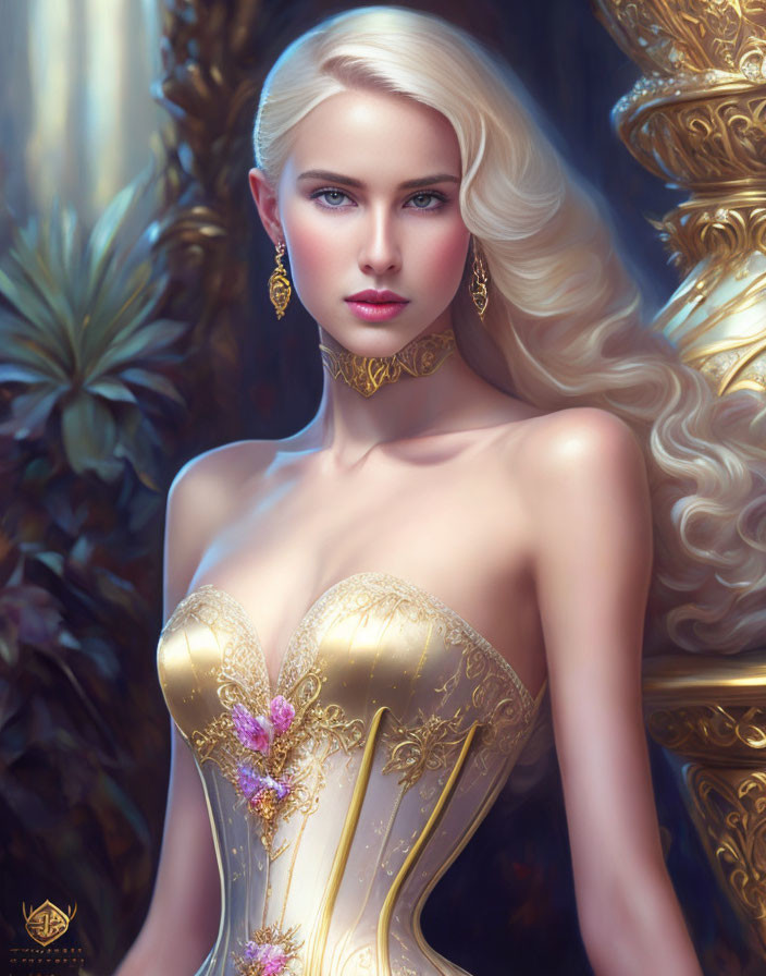 Blonde woman in detailed golden corset with floral choker and earrings