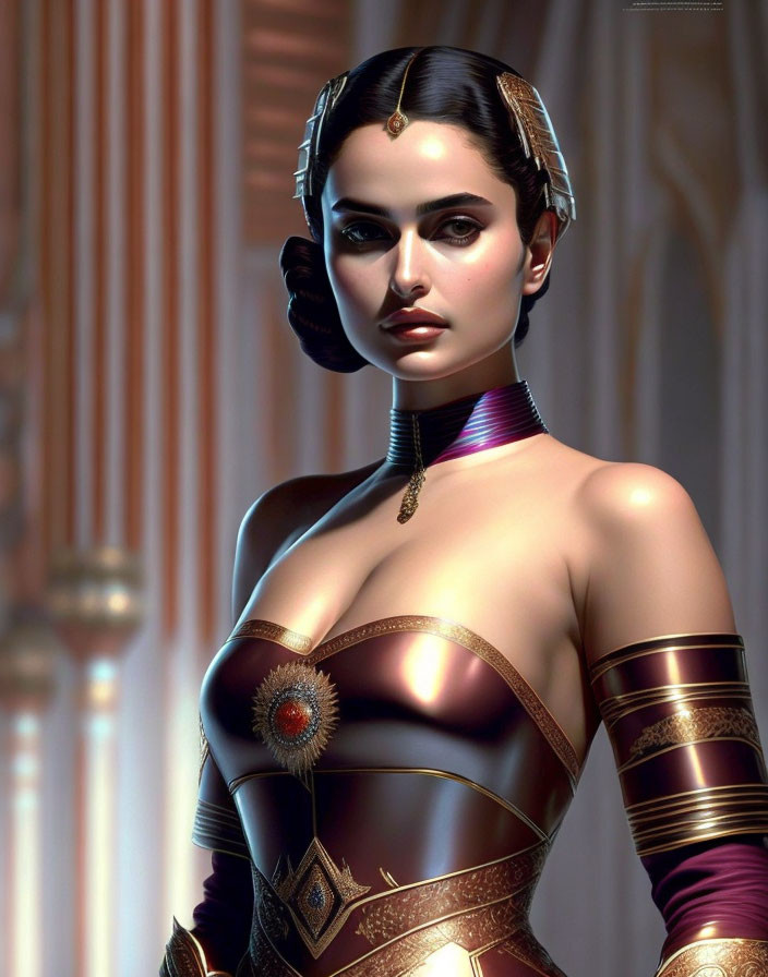 Female character with golden headgear and regal attire in 3D rendering