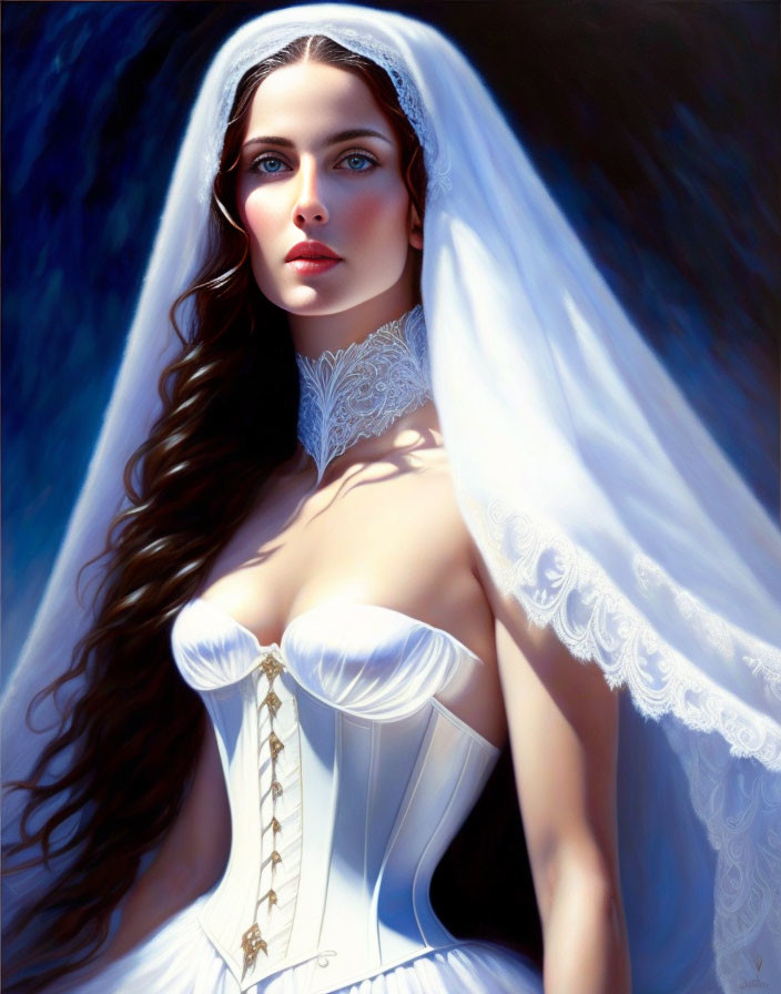 Bride in white corset dress with veil, blue eyes, and flowing hair